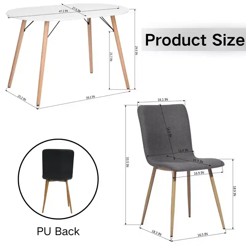 FurnitureR Modern 5-Piece Dining Set with Oval Table and Fabric-PU Hybrid Chairs, Wood-Look Legs, Compact Kitchen Dining Room Furniture for 4 People