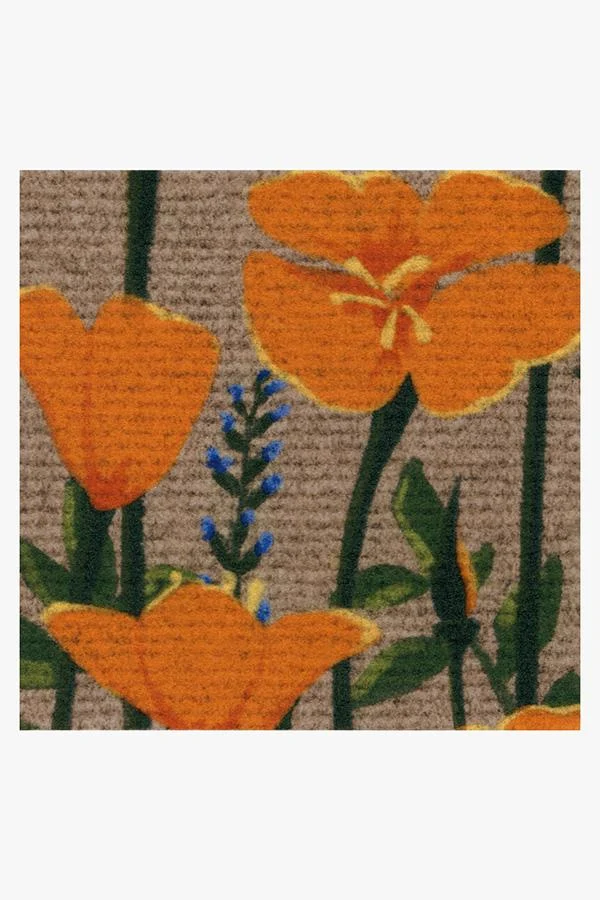 Fresh Floral Washable Doormat with Orange Yellow Poppy Pattern for Entryway & Porch