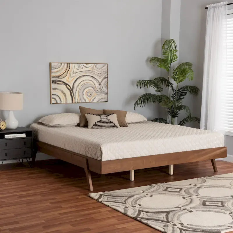 Mid-Century Modern Ash Walnut Finished Wood Bed Frame