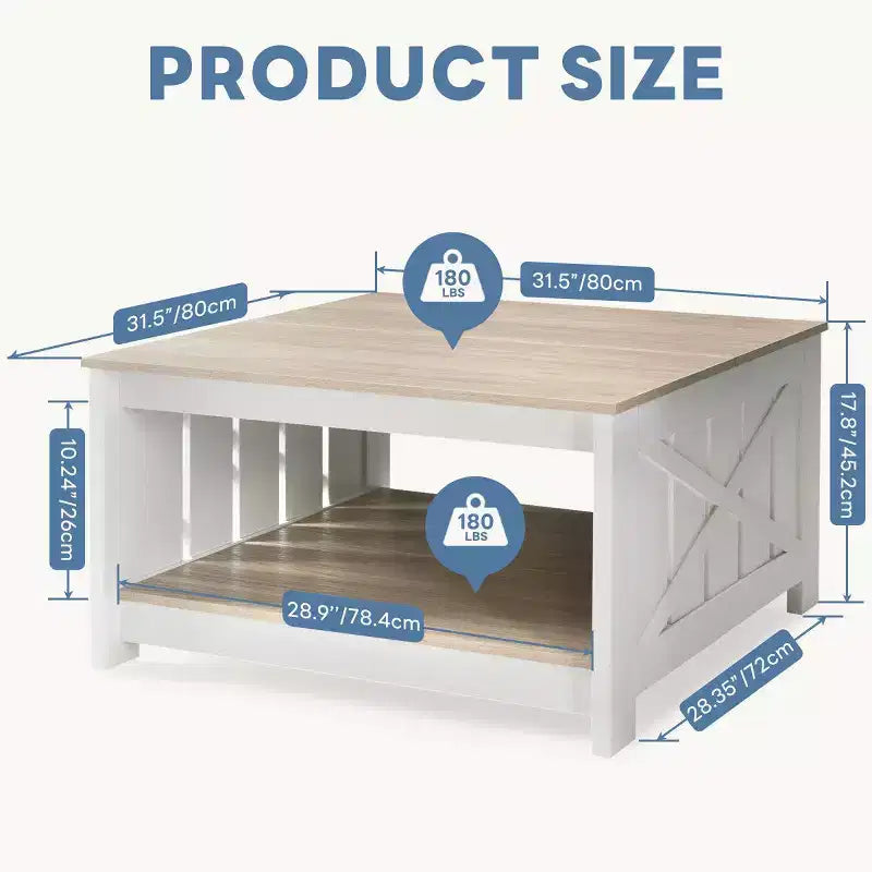 JIONJOY Square Farmhouse Coffee Table with Half-Open Storage, Rustic Cocktail Table for Living Room Small Spaces