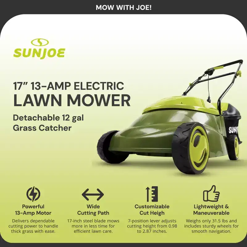 Sun Joe Push Lawn Mower and Mulcher, 17 Walk Behind Grass Cutter, SUJ-MJ403E