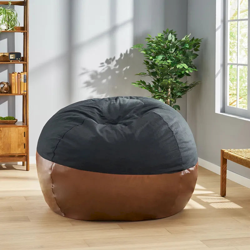 Modern 5 Foot Two Toned Fabric and Faux Leather Bean Bag