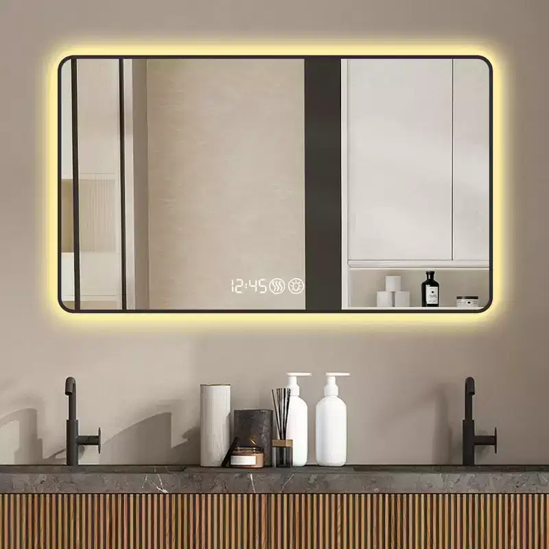 29 x 39 Black Aluminum Alloy Frame Bathroom Vanity Mirrors with Rounded Corners Vanity Mirror Tri Color Light Defogging