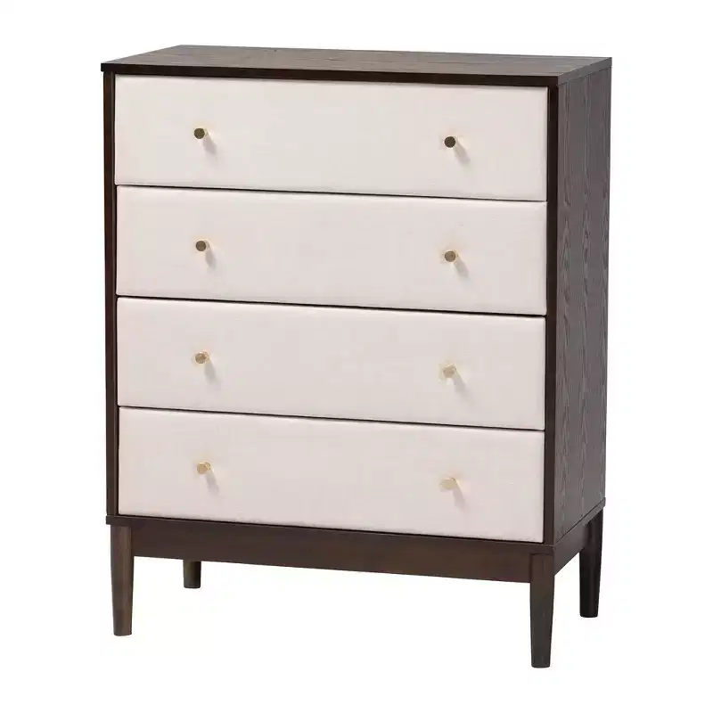Baxton Studio Nikolai Mid-Century Channel Tufted Beige Fabric and Wenge Brown Wood 4-Piece Queen Bedroom Set