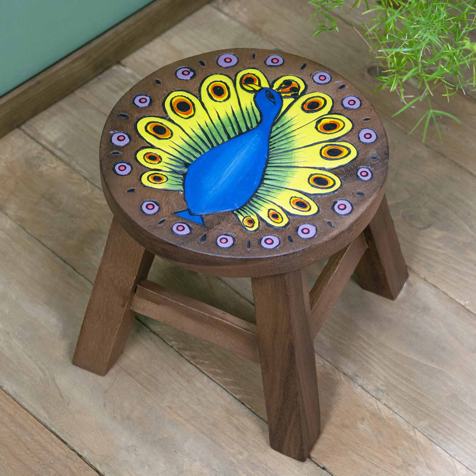 Peacock Carved Raintree Wood Stool