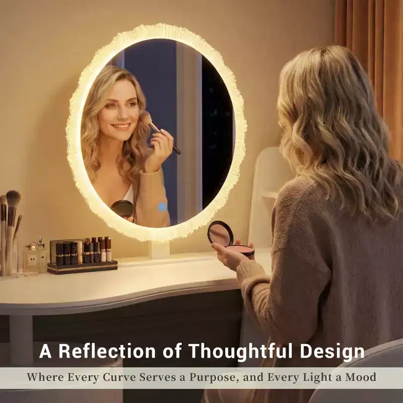Luxury Corner Makeup Vanity Desk with Round Mirror and Lights, Cabinet Storage for Bedroom, Natural Finish, Dimmable Lighting