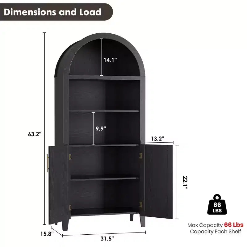 Arched Cabinet Bookshelf Black Arch Bookcase with Doors, Wooden Curved Book Case 5-Tier Tall Round Top Bookshelves for Living Room