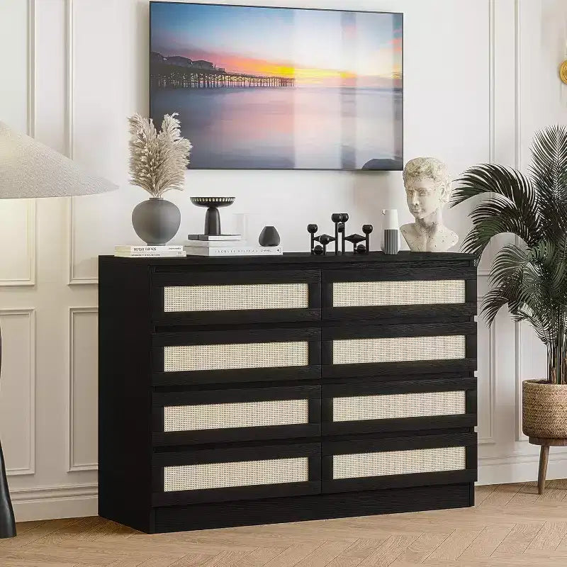 8-Drawer Rattan Dresser with Wide Tabletop