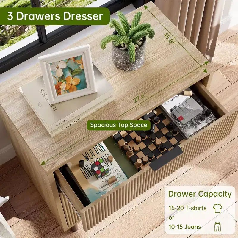 Dresser, Chest of Drawers - 29.9 Fluted Wood Grain 3-Drawer Organizer with Metal Legs & Anti-Tip Device