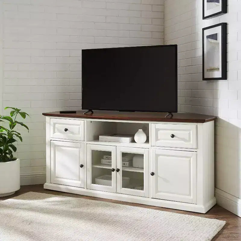 White Corner TV Stand for TVs up to 65, Beveled Glass Doors, 1-Person Assembly
