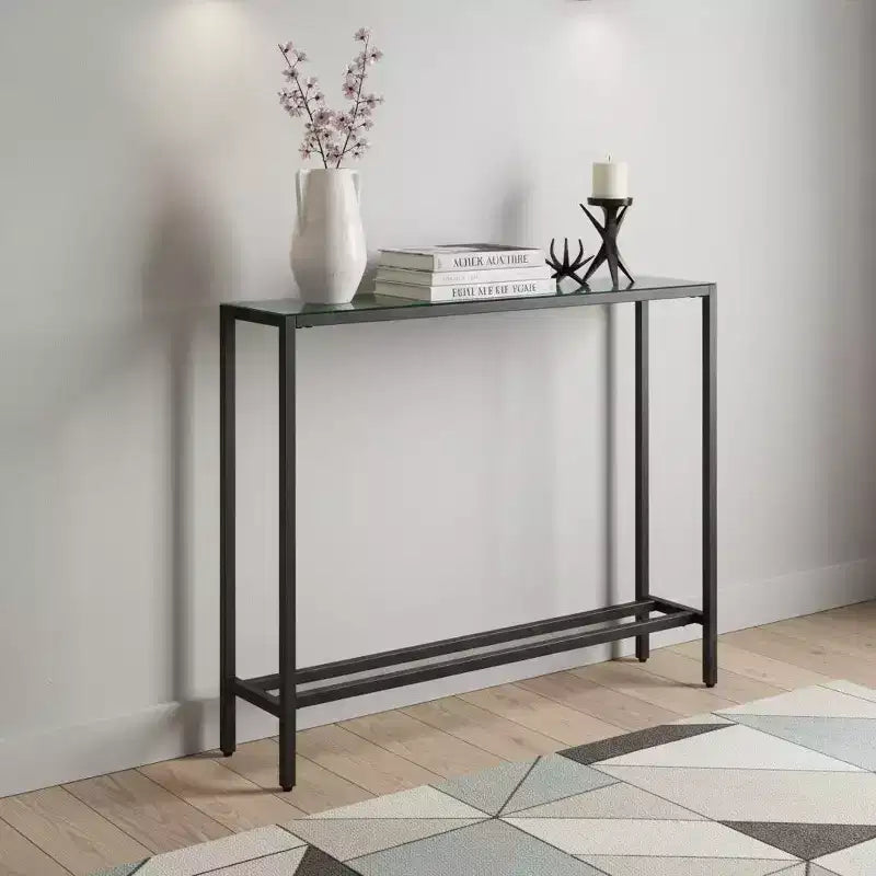 HomeRoots 36 Black and Gunmetal Mirrored Glass Console Table
