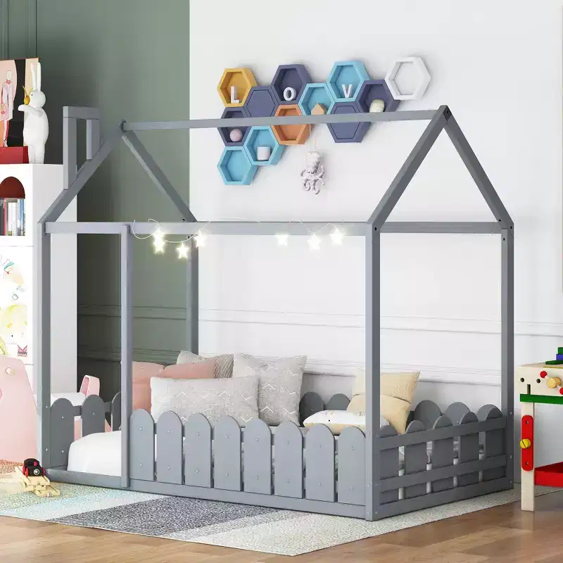Twin Montessori Floor Bed Frame for Kids, Wooden House Bed with Fence, Low Floor Toddler Bed, Gray