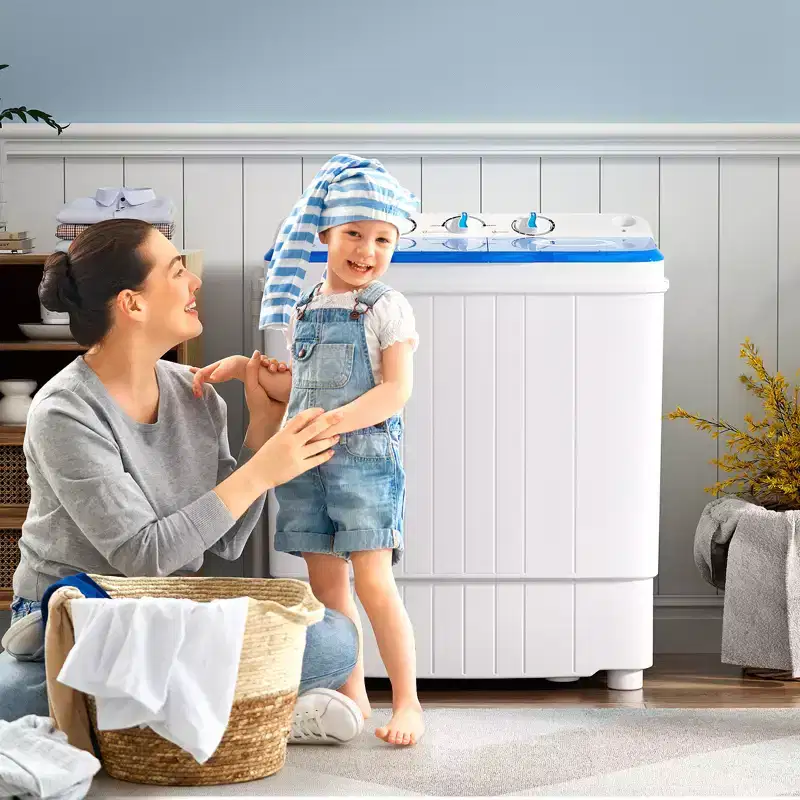 Costway Portable Washing Machine 17.6 lbs Twin Tub Laundry Washer with Drain Pump Blue/Grey