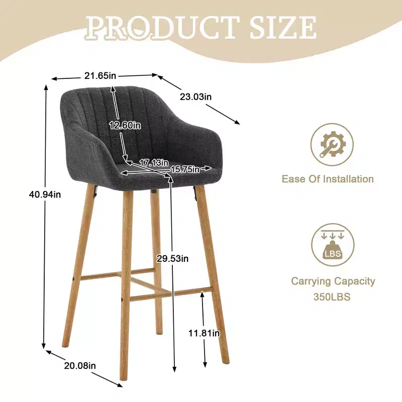 Zeus & Ruta Modern Linen Upholstery Bar Stools Set of 2 with Back, Armrest & Wood Legs, Kitchen Island Height