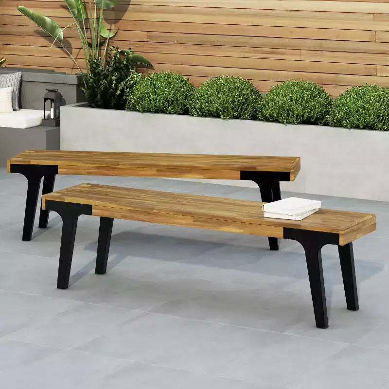 Christopher Knight Home Harper 63.00 Acacia Wood Benches (Set of 2), Teak/Black