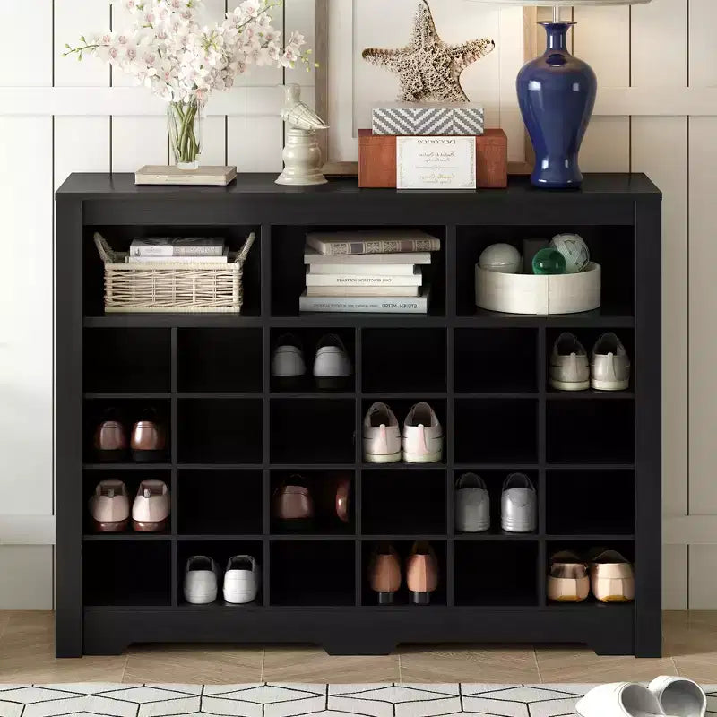 GDFStudio Boyle Modern Shoe Cabinet with Curved Base and 24 cubbies