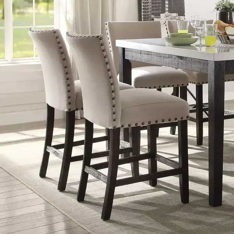 25" Set of 2 Nolan Counter and Bar Stools Beige Linen/Salvage Dark Oak Finish - Acme Furniture: Padded Seat, Nailhead Trim, Metal Frame