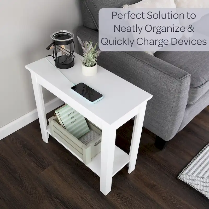 Narrow Side Table with Charging Station and Storage Shelf