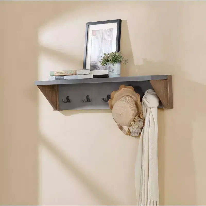 Alaterre Furniture 40" Davenport Coat Hook with Shelf Light Amber: Modern Tiered Wall Mounted Rack, 5 Hooks, Wood Frame