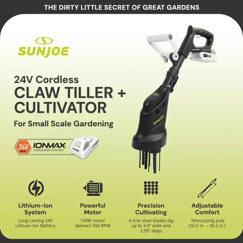 Sun Joe 24V Claw Tiller and Cultivator for Small Scale Gardening, 24V-CTLR-LTE