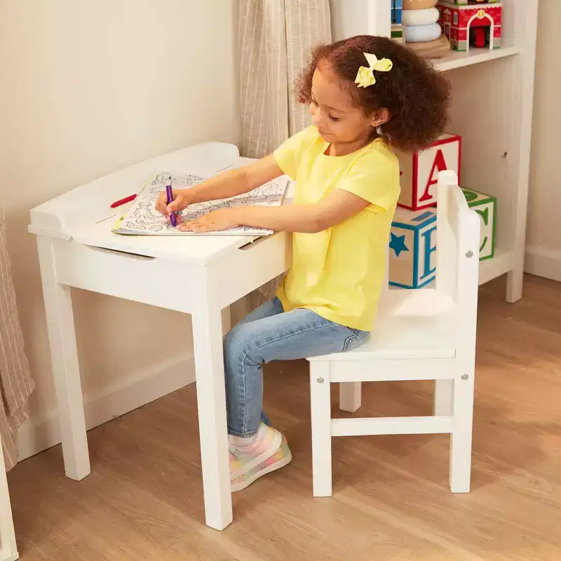 Melissa & Doug Wooden Child's Lift-Top Desk and Chair - White: Fixed Height Office Furniture Set with Storage