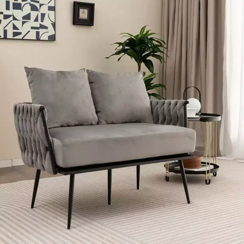 Costway Modern Loveseat Sofa Upholstered Dutch Velvet Couch with Woven Back & Arms Green/Grey