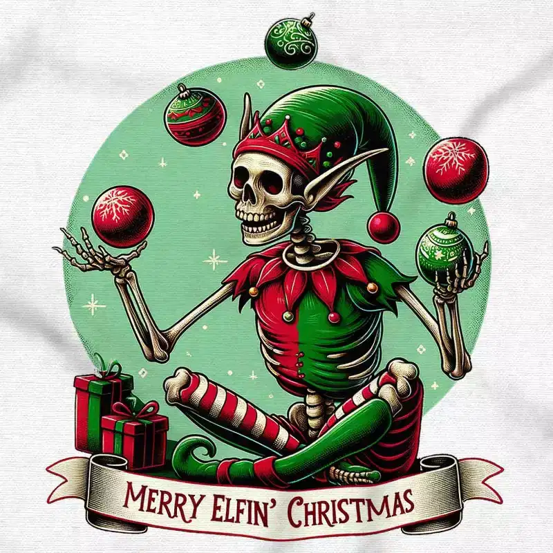 Christmas Skeleton Juggling Elf Sweatshirt for Men or Women Brisco Brands