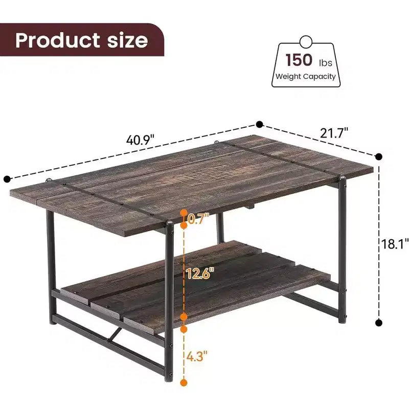 2-Tier Farmhouse 41'' Large Wood Coffee Table with Shelf -Modern Rustic Metal Rectangle Center Living Room