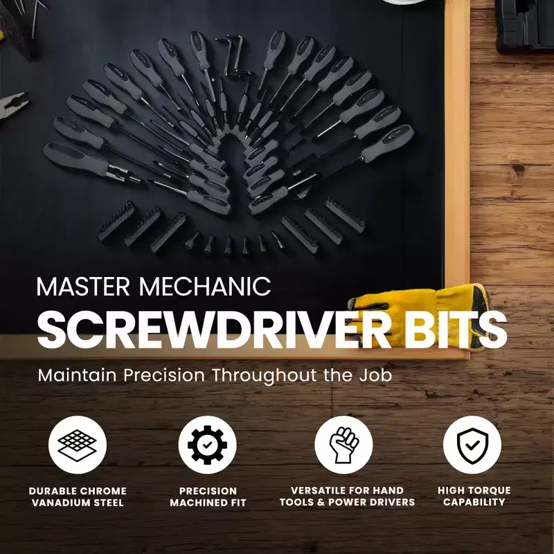 Master Mechanic Screwdriver & Bits Made of Chrome Vanadium Steel, Hand Tool for Home Improvement & Repairs, Ensures Smooth Operation, 100 Piece Set