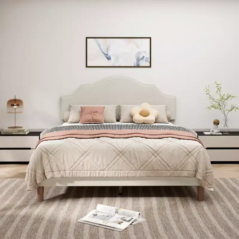 Queen/King Size Upholstered Platform Bed Frame with Adjustable Headboard, Linen Fabric Padded, No Box Spring Needed, Beige