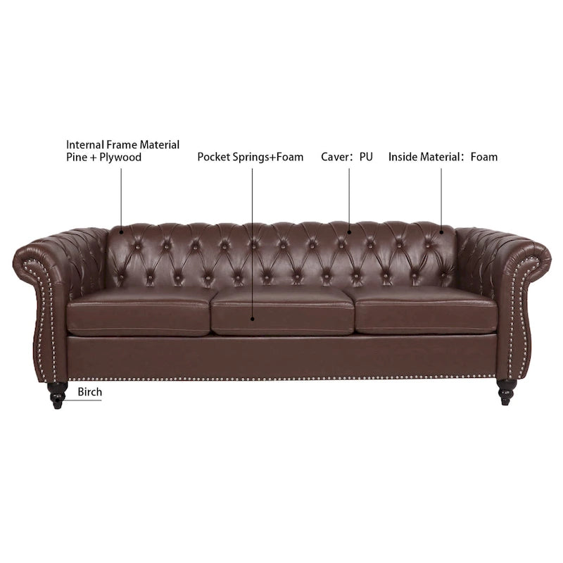 84 Mid-Century Modern 3-Seater Chesterfield Sofa, PU Leather, Birch Legs, 660 lbs