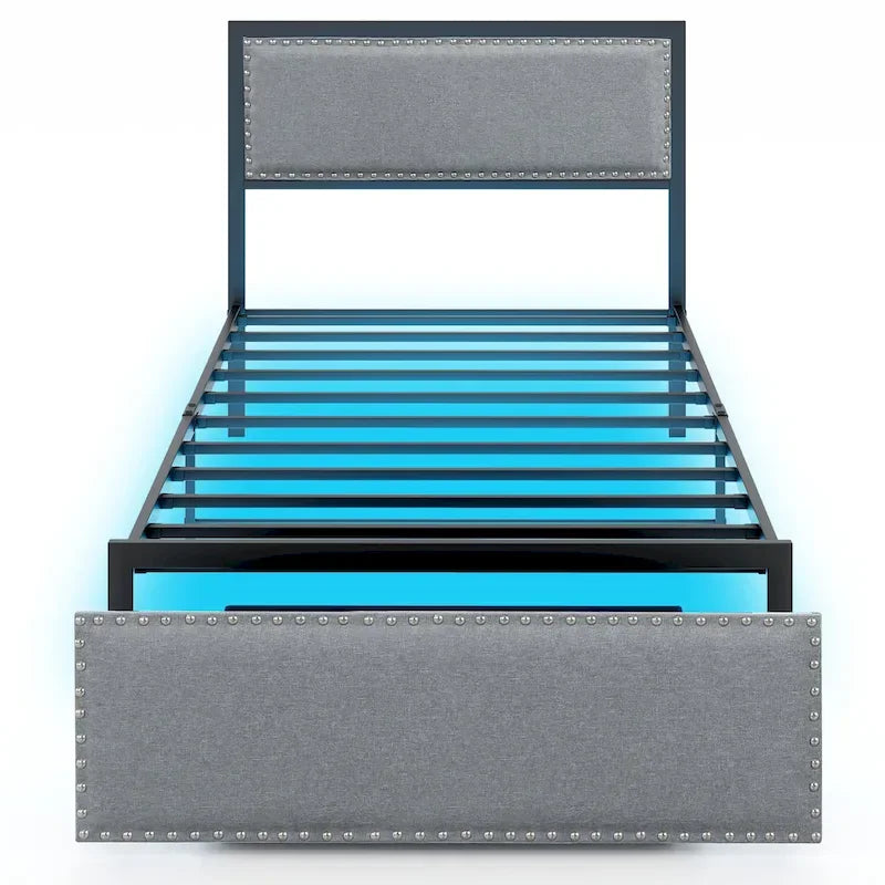 Twin Size Bed Frame with Storage Drawer, Metal Platform Bed with LED Lighting