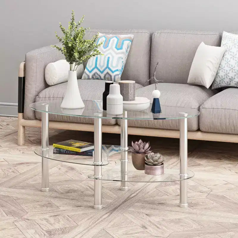 Glass Coffee Table Oval Coffee Table Modern Cocktail Table Center Table Accent Table with Transparent/Black Top-ModernLuxe