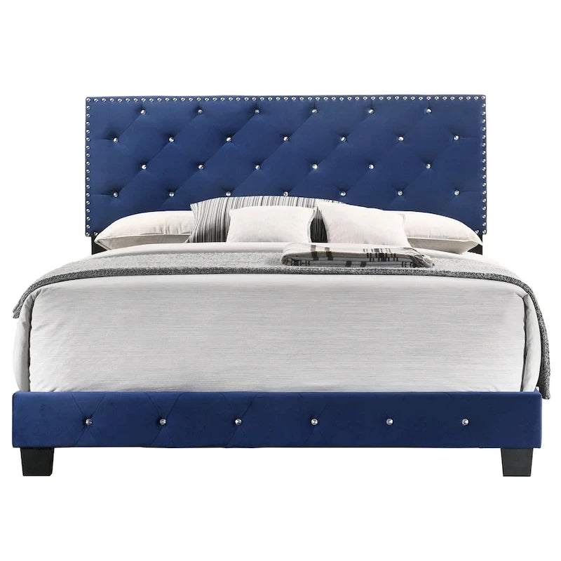 Velvet Tufted Faux Jewel Upholstered Full Panel Bed - Blue
