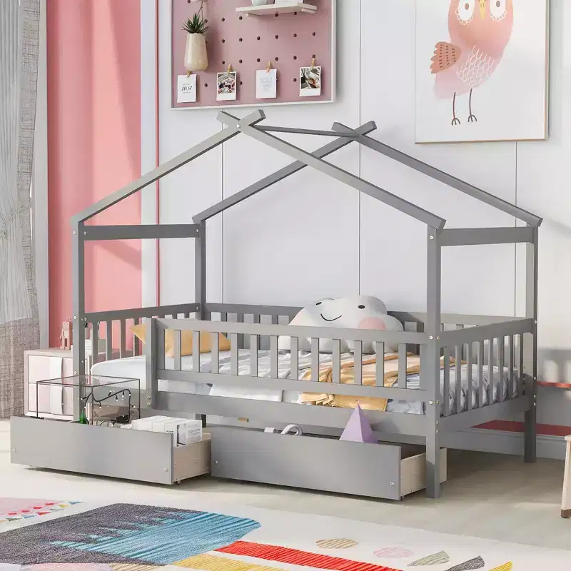 Twin Size House Bed Frame with 2 Drawers & Guardrails, Gray