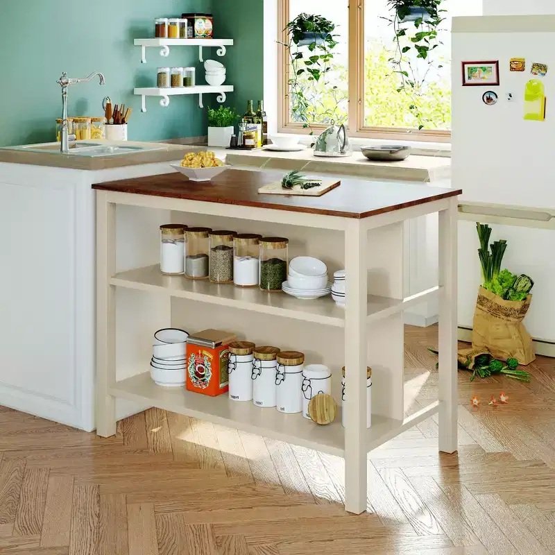 Rustic Kitchen Island with Rubberwood Top and 2 Open Shelves