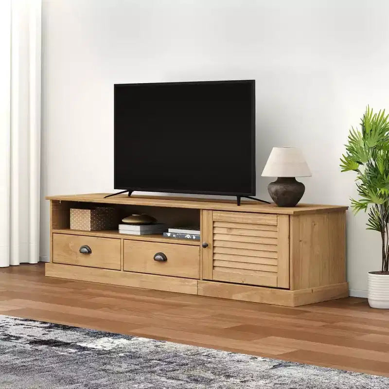 vidaXL VIGO Pine Wood TV Stand Entertainment Center with Storage - Honey Wax Finish, Metal Handles, 61.4 W x 15.7 H