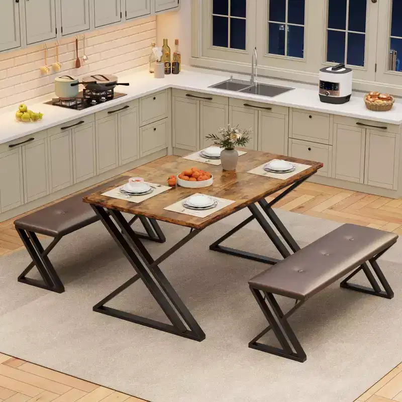 Dining Table Set for 4, Industrial Kitchen Table with 2 PU Padded Benches, Mid-Century Modern Wooden Dining Room Table