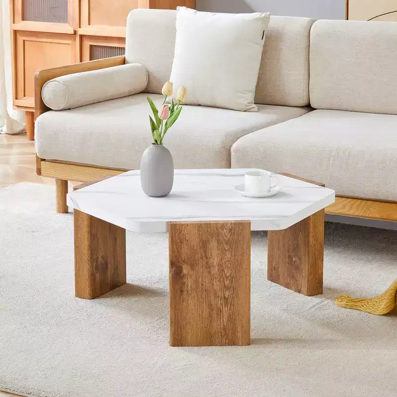 MAYEERTY White Coffee Table Faux Marble Top Triangular Wood Base, 31 Inch