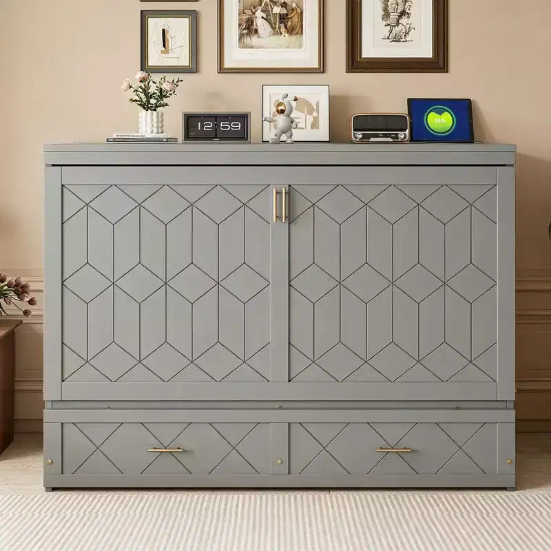 Gray / Navy / White Queen Murphy Bed Cabinet with Storage Drawers, Safety Lock & Outlet