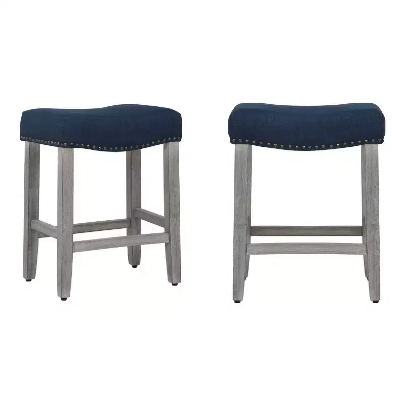 WestinTrends 24 Upholstered Saddle Seat Counter Stool (Set of 2), Antique Gray/Navy Blue