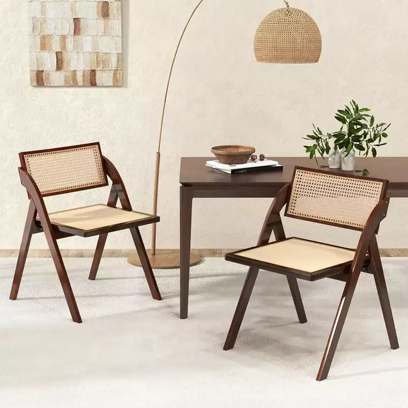 Costway Foldable Dining Chairs Set of 2/4 with Woven Rattan Backrest & Seat Rubber Wood Frame Brown