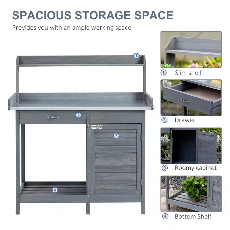Whisen Patio Wooden Potting Bench, Outdoor Garden Work Station Table with Storage Cabinet, Open Shelf and Steel Tabletop - Gray