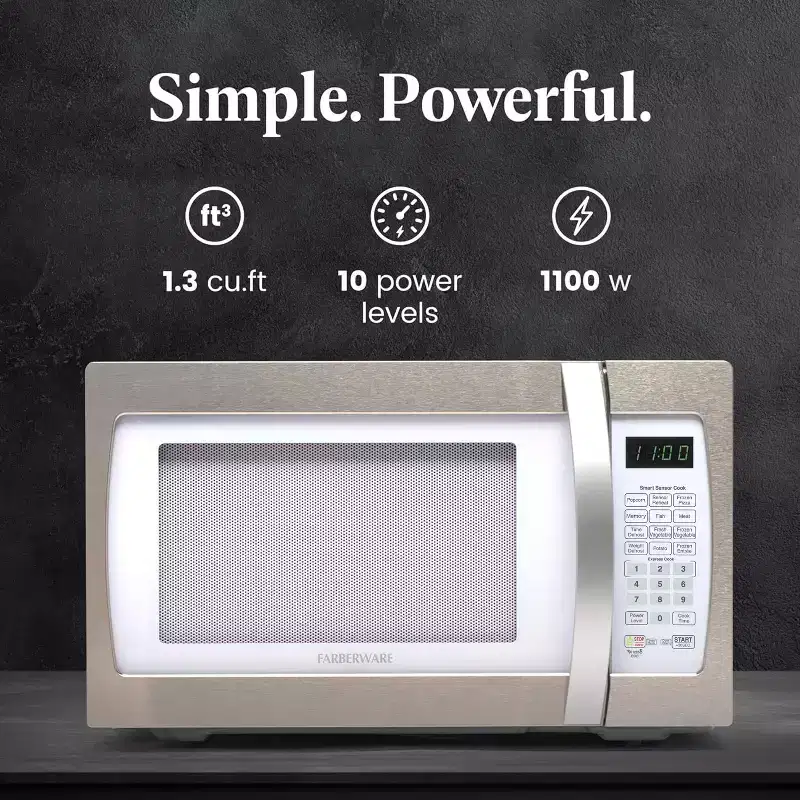 Farberware Professional 1.3 Cu. Ft. 1100-Watt Microwave Oven with Smart Sensor Cooking, White and Platinum