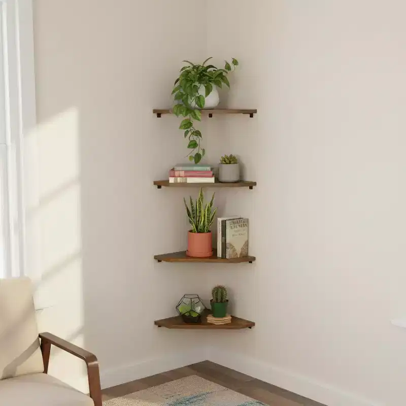 FurnitureR Corner Floating Shelves Set of 4, Pentagonal Wooden Wall Shelf, Rustic Wall Mounted Display Racks for Living Room Bedroom Office Dcor