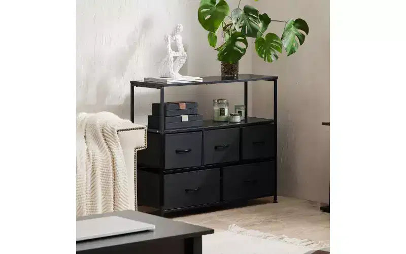TUYOHW 5 Drawers Dresser with Wood Top & Open Shelf,Fabric Storage Tower with Metal Frame,Chest of Drawers for TV Stand,Bedroom,Entryway,Clothes