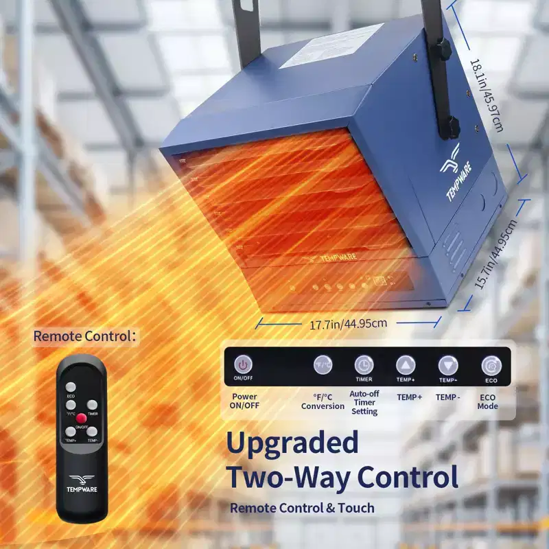 TEMPWARE 10000W Electric Garage Heater with Remote, 240V Hardwired Fan Forced Ceiling Mount Shop Heater with Digital Thermostat Ideal for Warehouse