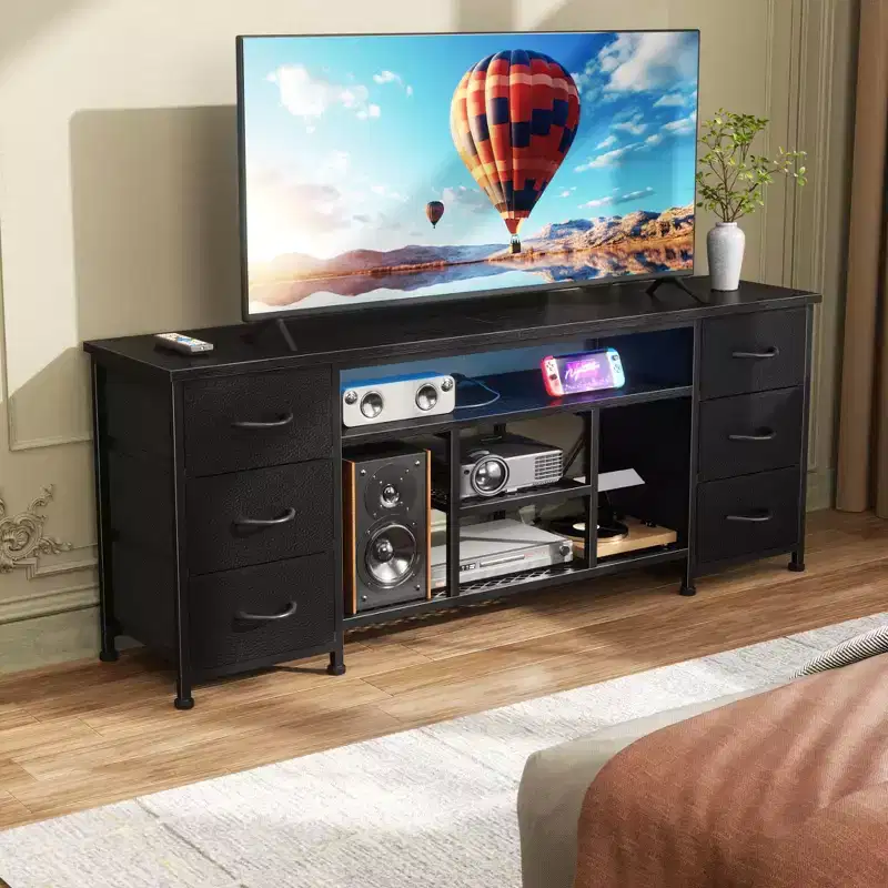 Black TV Stand with LED Lights & 6 Fabric Drawers, 1-Person Assembly, Fits up to 60