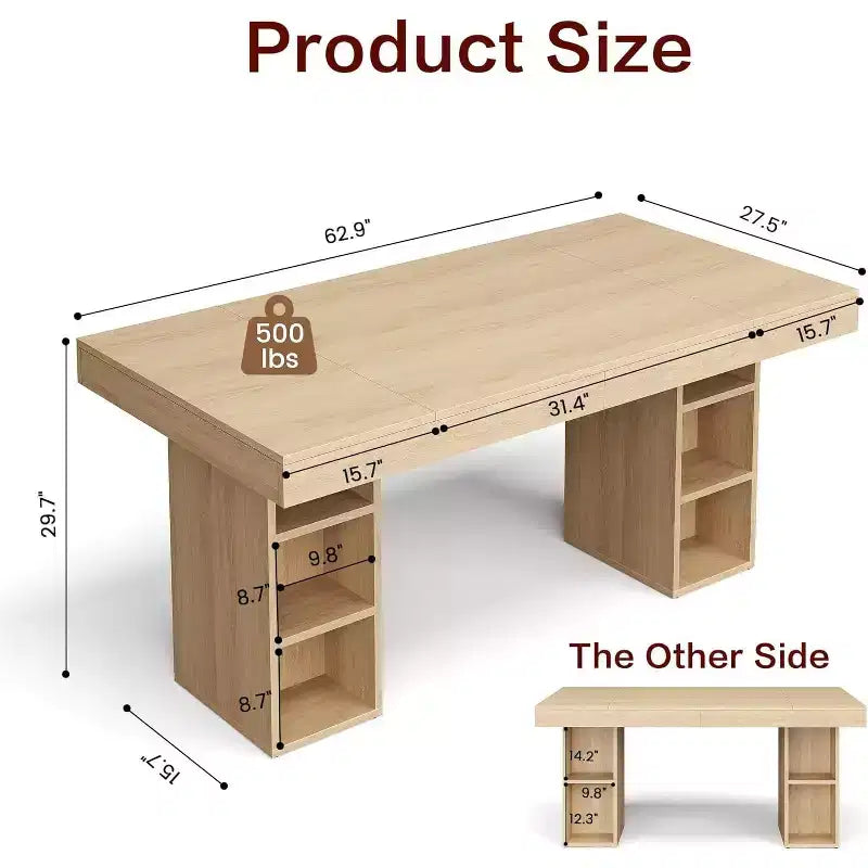 63-Inch Rectangular Dining Table for 6, Wood Construction, Double Pedestal Base with Dual-Sided Storage, Expansive Surface, Reinforced Frame