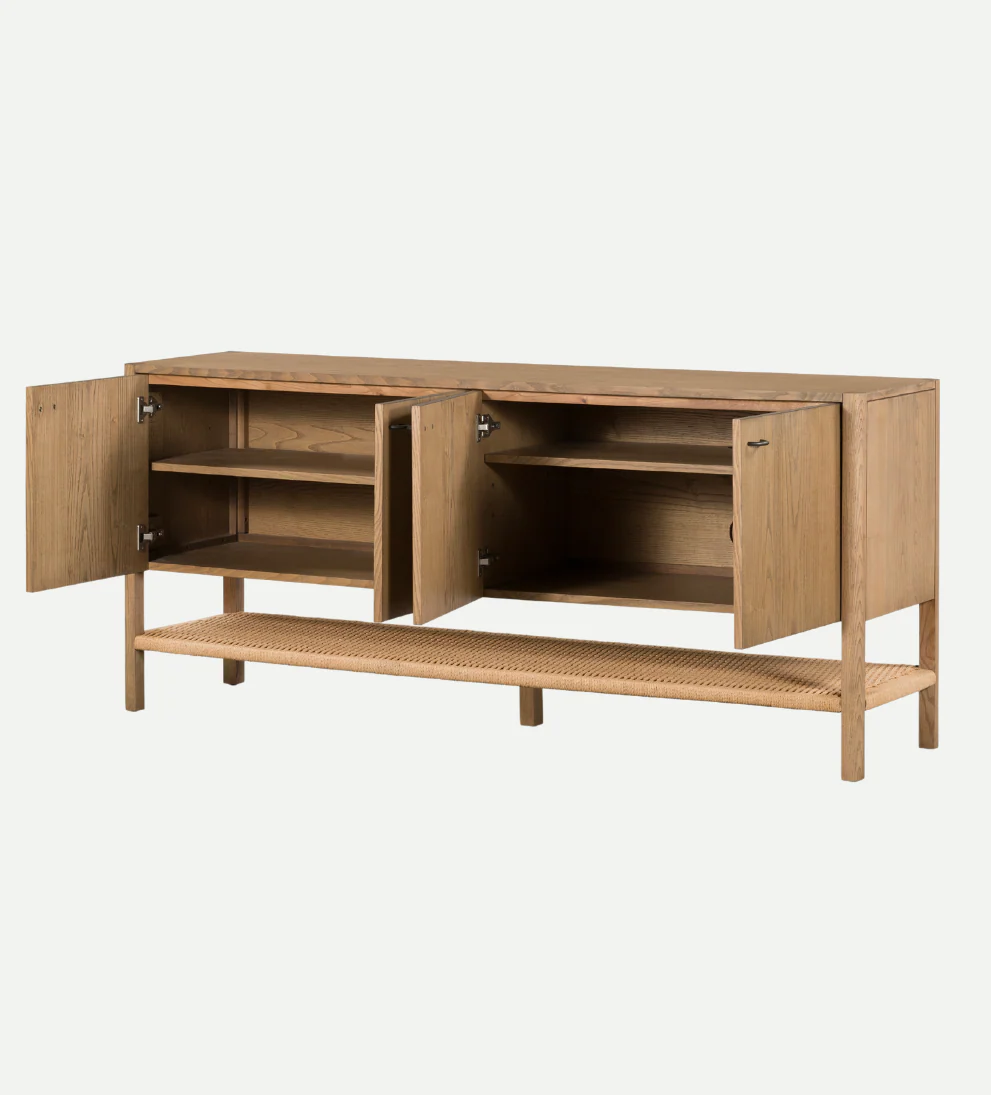 Sideboard ¨C Solid Ash Buffet with Iron Hardware, Stretcher-Style Shelving Unit with Open Bottom Shelf, Refined Classic Look for Entryway or Storage, Dimensions Not Specified